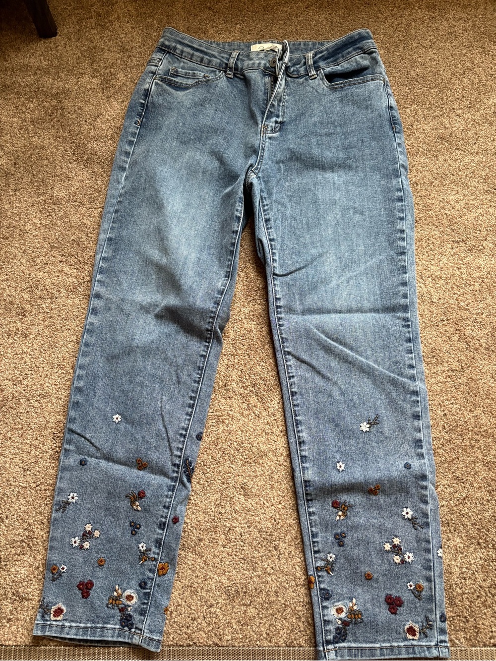 CHARLIE B Light Blue Straight Leg Jeans with Floral Embroidery